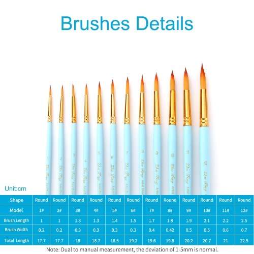 12pcs Professional Artist Paintbrush Set Round Pointed Tip Paint Brushes Durable Nylon Hair Wooden Handle