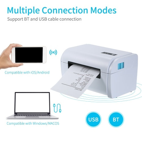 طابعة ملصقات الشحن 110 مم BT مع كابل USB حامل، طابعة حرارية مباشرة عالية السرعة، ملصق صانع ملصقات الإيصالات متوافق مع Windows وMac وAndroid وiOS لطباعة أسعار ملصقات الملابس والمجوهرات من الباركود السريع