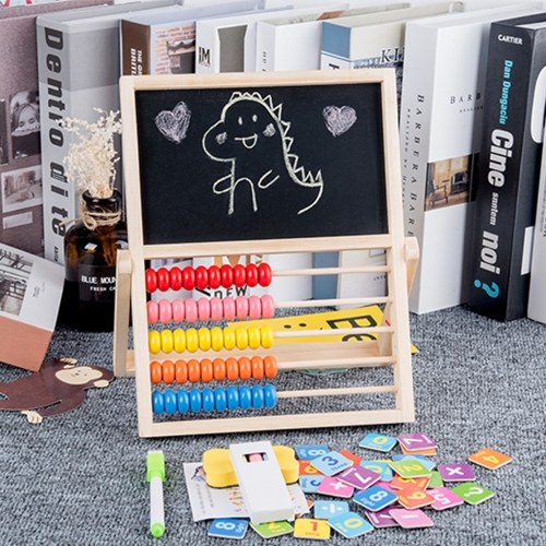 Multi-Functional Wooden Abacus Tool with Double-Sided Drawing Board Seven-Piece Puzzle