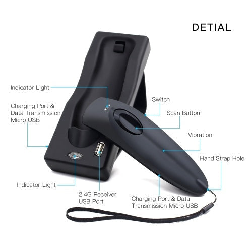 Aibecy Portable 3-in-1 Barcode Scanner Handheld 1D Bar Code Reader Support BT & 2.4G Wireless & USB Wired Connection