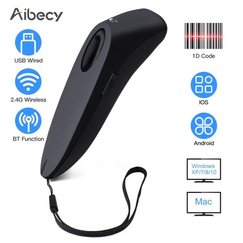 Aibecy Portable 3-in-1 Barcode Scanner Handheld 1D Bar Code Reader Support BT & 2.4G Wireless & USB Wired Connection