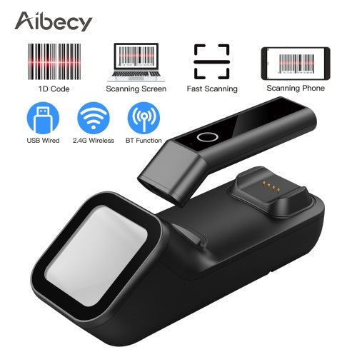 Aibecy 3-in-1 Barcode Scanner Handheld 1D Bar Code Reader Support BT & 2.4G Wireless & USB Wired Connection with Charging & Scanning Base Compatible with Windows Android Mac iOS for Supermarket Logistics Warehouse Mobile Payment