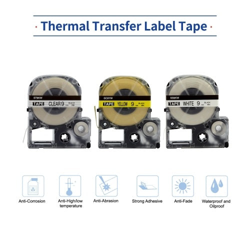 PUTY 5 Rolls Self-Adhesive Label Tape Replacement Label Maker Tape Black on Yellow 0.35 Inch(9mm)x26.2 Feet(8m) Waterproof and Oil-Proof Compatible with KINGJIM SR230CH/SR230C/SR530C/SR550C/SR3900C Label Printer