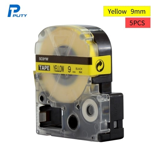 PUTY 5 Rolls Self-Adhesive Label Tape Replacement Label Maker Tape Black on Yellow 0.35 Inch(9mm)x26.2 Feet(8m) Waterproof and Oil-Proof Compatible with KINGJIM SR230CH/SR230C/SR530C/SR550C/SR3900C Label Printer