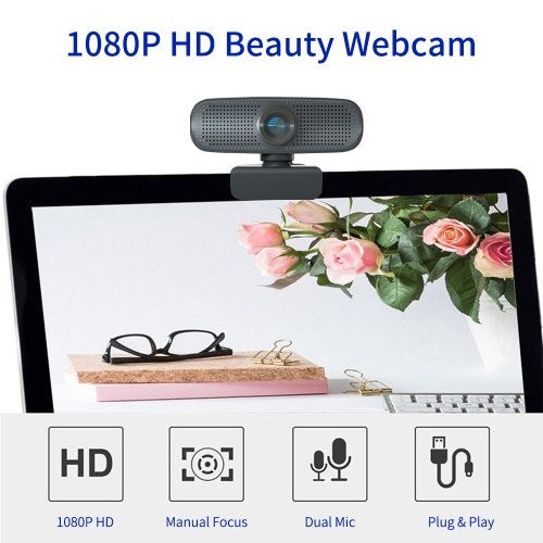 1080P HD Streaming Webcam USB Computer Video Camera 2 Megapixels 80° Wide Viewing Manual Focus