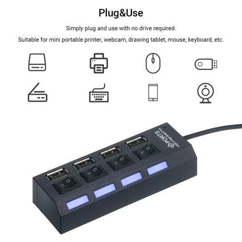 4-Ports USB Hub 480Mbps High Speed Data Transfer USB 2.0 Charging Splitter