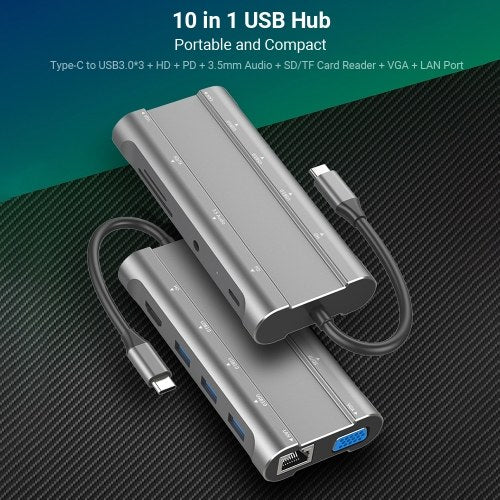 T1001 محور USB 10 في 1 من النوع C إلى USB3.0*3 + واجهة الوسائط المتعددة + PD + 3.5 مم صوت + فتحة بطاقة * 2 + منفذ VGA + LAN محول فاصل متعدد الوظائف للكمبيوتر المحمول والكمبيوتر المحمول