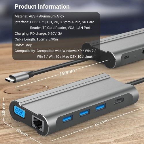 T1001 محور USB 10 في 1 من النوع C إلى USB3.0*3 + واجهة الوسائط المتعددة + PD + 3.5 مم صوت + فتحة بطاقة * 2 + منفذ VGA + LAN محول فاصل متعدد الوظائف للكمبيوتر المحمول والكمبيوتر المحمول