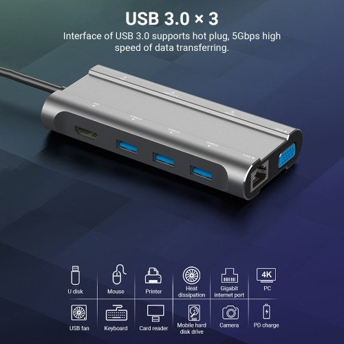 T1001 محور USB 10 في 1 من النوع C إلى USB3.0*3 + واجهة الوسائط المتعددة + PD + 3.5 مم صوت + فتحة بطاقة * 2 + منفذ VGA + LAN محول فاصل متعدد الوظائف للكمبيوتر المحمول والكمبيوتر المحمول