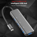 T508 5 في 1 Hub Type C إلى USB3.0*4+PD محول USB ذكي متعدد المنافذ لأجهزة الكمبيوتر المحمول والهواتف المحمولة رمادي