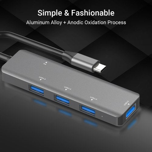 T508 5 في 1 Hub Type C إلى USB3.0*4+PD محول USB ذكي متعدد المنافذ لأجهزة الكمبيوتر المحمول والهواتف المحمولة رمادي