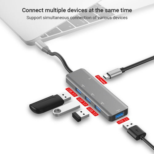 T508 5 in 1 Hub Type C To USB3.0*4+PD Intelligent USB Hub Multi-Port Adapter for Laptop Computer Mobile Phones Gray