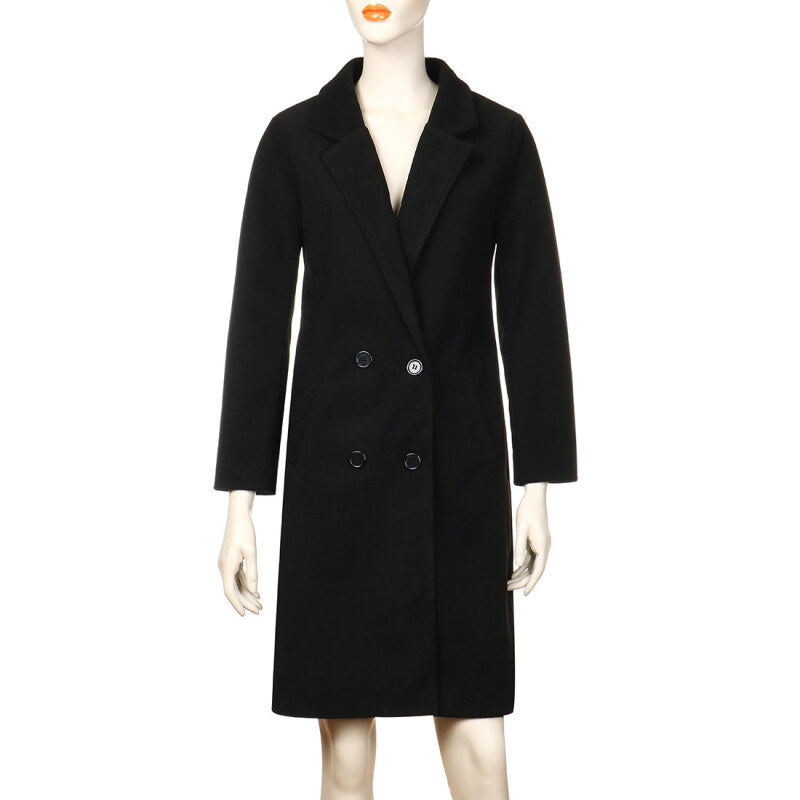 Plus Size Women Style Long Trench Coat - Black