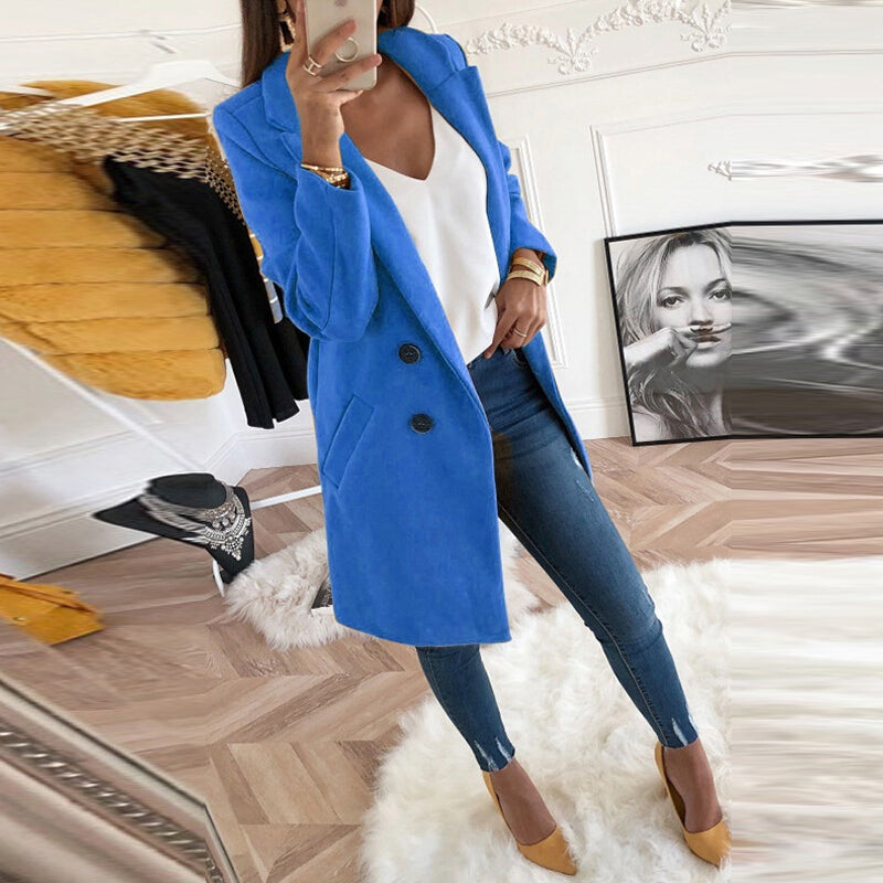 Plus Size Women Style Long Trench Coat - Blue