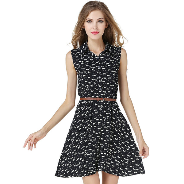 Printed Sleeveless Cotton Slim Shirt Dress - Black