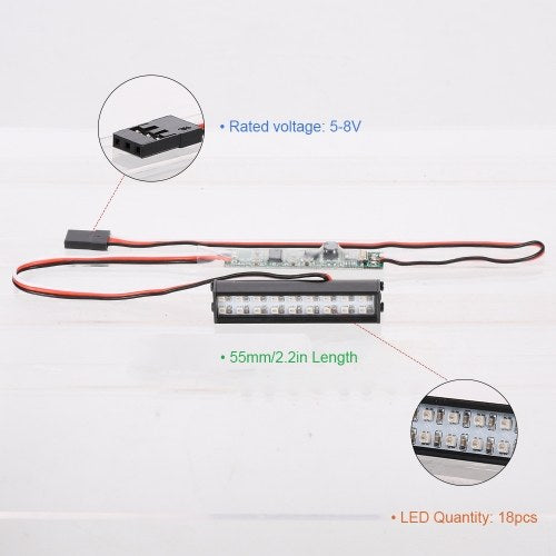 55mm/2.2in RC LED Lights Bar Metal Roof Lamp Light Headlight 18LEDs Light for 1/10 Traxxas TRX-4 Trx-6 D90 HSP Redcat RC 4WD Tamiya Axial SCX10 HPI RC Car