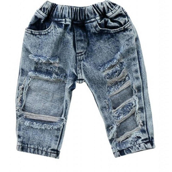 Ripped Holes Denim Pants - Blue