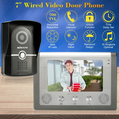 1KKMOON 7” Wired Video Door Phone System Visual Intercom Doorbell with 1*800x480 Indoor Monitor + 1*700TVL Outdoor Camera support Unlock Infrared Night View Rainproof Lock Time Delay Adjustable View Angels for Home Surveillance