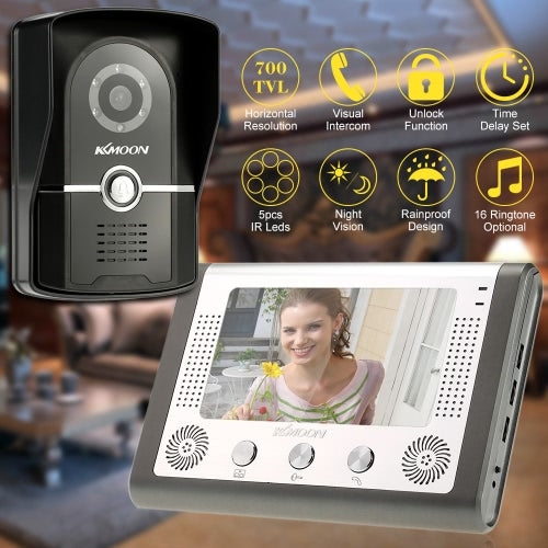 1KKMOON 7” Wired Video Door Phone System Visual Intercom Doorbell with 1*800x480 Indoor Monitor + 1*700TVL Outdoor Camera support Unlock Infrared Night View Rainproof Lock Time Delay Adjustable View Angels for Home Surveillance