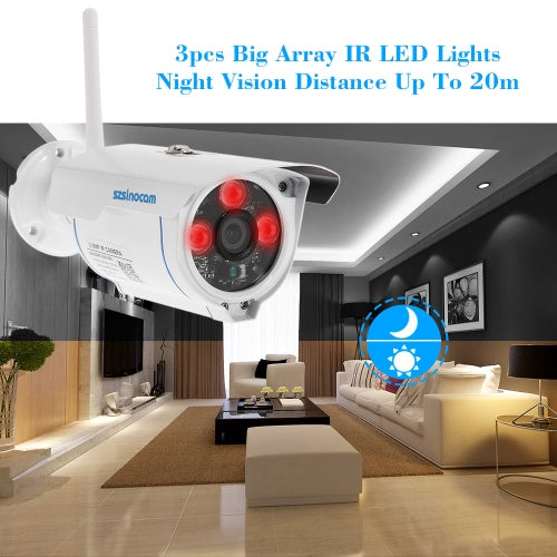 szsinocam  1080P Wireless WIFI HD Bullet IP Camera 2.0MP 3 Array IR LEDS 1/3’’ CMOS 4mm Lens H.264 P2P Waterproof Support Night Vision Motion Detection Phone APP Control for CCTV Security