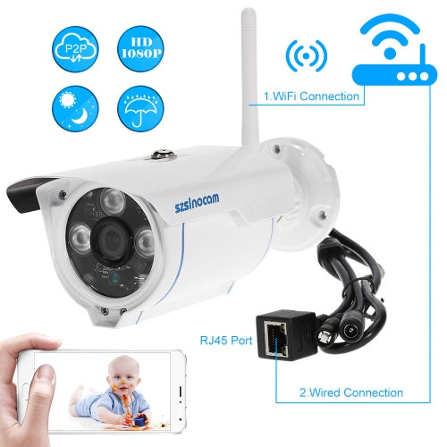 szsinocam 1080P Wireless WIFI HD Bullet IP Camera 2.0MP 3 Array IR LEDS 1/3 ''CMOS 4mm Lens H.264 P2P دعم مقاوم للماء للرؤية الليلية كشف الحركة تطبيق الهاتف للتحكم في أمان CCTV