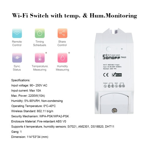 SONOFF TH10 10A/2200W Smart Wifi Switch مراقبة درجة الحرارة والرطوبة مجموعة أتمتة المنزل اللاسلكية تعمل مع Amazon Alexa وGoogle Home/Nest