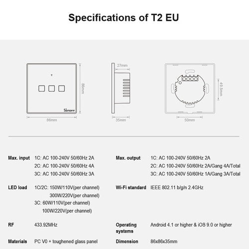 SONOFF T2EU1C-TX 1 Gang Smart WiFi Wall Light Switch