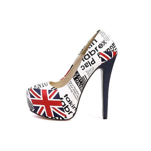 Sexy New Women Pumps Flag Print PU Leather Concealed Platform Stiletto High Heels White