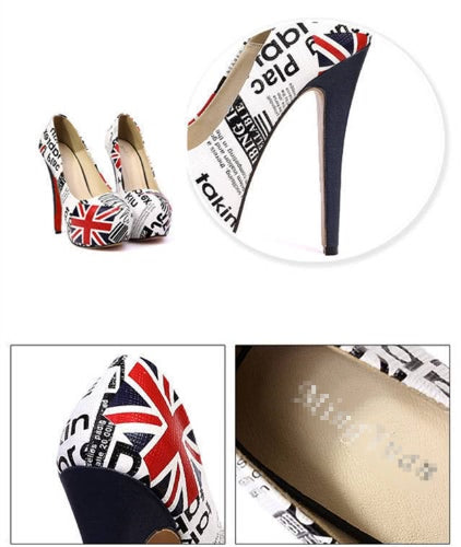 Sexy New Women Pumps Flag Print PU Leather Concealed Platform Stiletto High Heels White