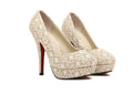 Fashion Women High Heels Lace Surface Platform Sole Low Cut Vamp Pumps Shoes Beige