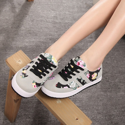 New Fashion Women Canvas Sneakers Flats Floral Print Lace Up Low Top Plimsoll Shoes Blue/Pink/Black