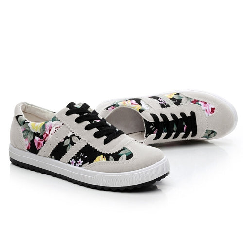 New Fashion Women Canvas Sneakers Flats Floral Print Lace Up Low Top Plimsoll Shoes Blue/Pink/Black