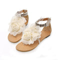 New Summer Women Girls Flats Toe-post Beaded Flower Flip-flop Sandals Shoes Beige