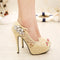 New Fashion Women Pumps Peep Toe Stiletto Platform Lace Rhinestone Elegant High Heels Beige/Pink