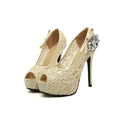 New Fashion Women Pumps Peep Toe Stiletto Platform Lace Rhinestone Elegant High Heels Beige/Pink