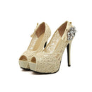 New Fashion Women Pumps Peep Toe Stiletto Platform Lace Rhinestone Elegant High Heels Beige/Pink