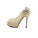 New Fashion Women Pumps Peep Toe Stiletto Platform Lace Rhinestone Elegant High Heels Beige/Pink