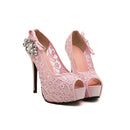 New Fashion Women Pumps Peep Toe Stiletto Platform Lace Rhinestone Elegant High Heels Beige/Pink