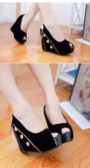 Women High Wedges Peep Toe Platform Sole Zipper Pumps High Heels Black