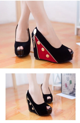 Women High Wedges Peep Toe Platform Sole Zipper Pumps High Heels Black