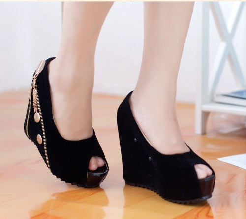 Women High Wedges Peep Toe Platform Sole Zipper Pumps High Heels Black