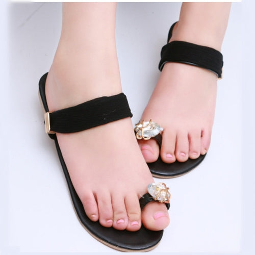 New Summer Women Girls Flats Rhinestone Toe-post Flip-flop Sandals Shoes Black