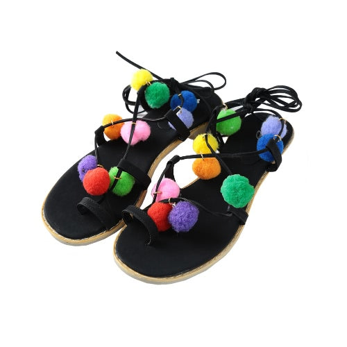 New Fashion Women Flat Sandals Colorful Bobble Pompon Lace Up Strappy Clip Toe Casual Summer Beach Shoes Black/Brown