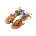 New Fashion Women Flat Sandals Colorful Bobble Pompon Lace Up Strappy Clip Toe Casual Summer Beach Shoes Black/Brown