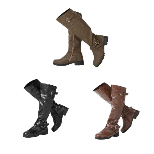 Women Round Toe Mid Calf Boots Female Matte Leather Knight Boot Ms Buckle Square Low Heel Shoes Heeled Footwear