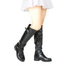 Women Round Toe Mid Calf Boots Female Matte Leather Knight Boot Ms Buckle Square Low Heel Shoes Heeled Footwear