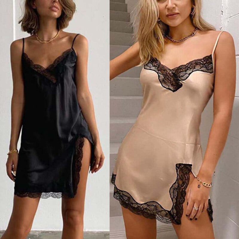 Sleeveless Lace V-Neck Mini Sleepwear - Black