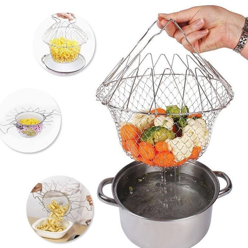 Stainless Steel Foldable Fry Basket - Silver