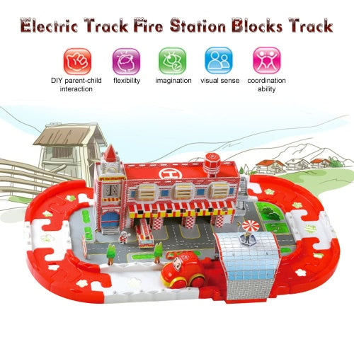 Electric Rail Car Racing Car Puzzle Electric Track Fire Station Blocks Track Battery Powered DIY Toy Set for Kids