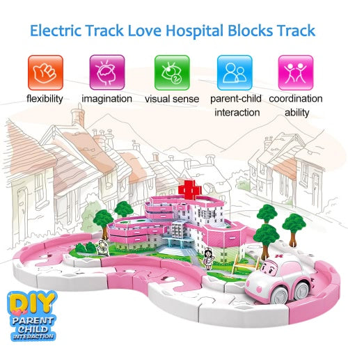 Electric Rail Car Racing Car Puzzle Electric Track Love Hospital Blocks Track Battery Powered DIY Toy Set for Kids